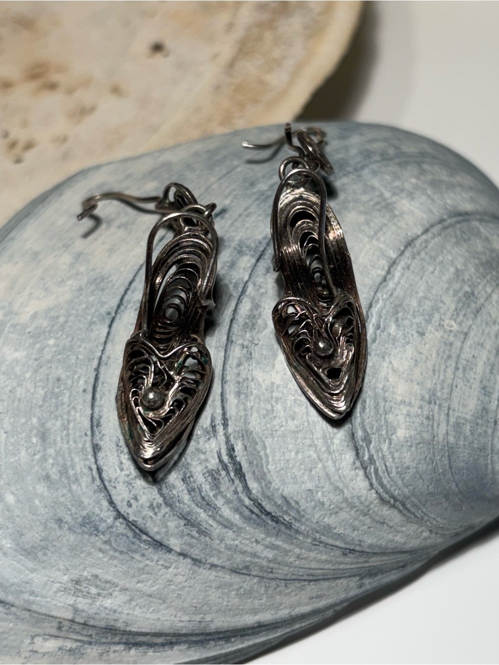 Vintage 925 Sterling Silver Filigree Slipper Earrings